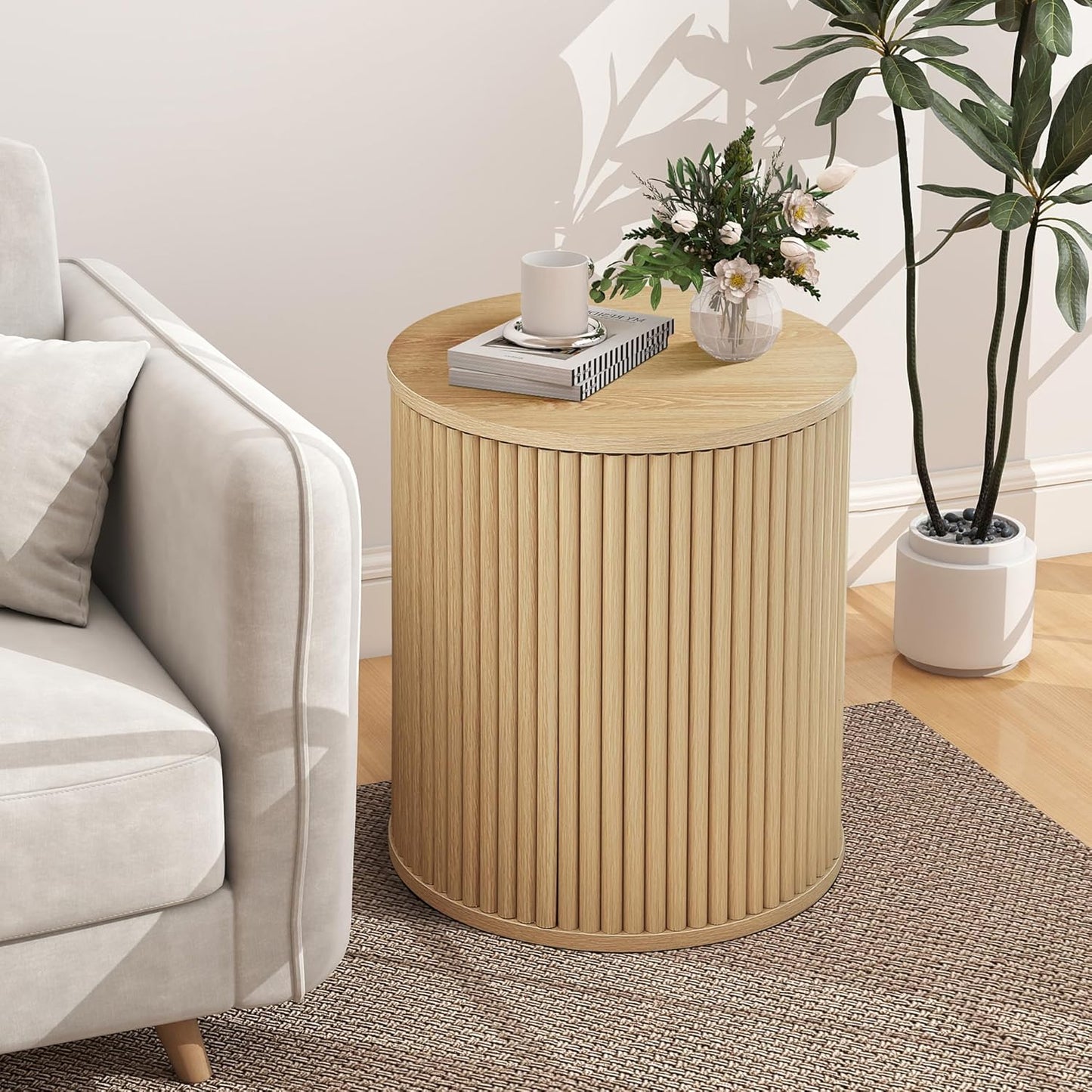 Small round Side Table Fluted Night Stand Set of 2, Modern Boho End Table with Storage, Circle Bedside Tables Wood Nightstands for Small Spaces, Living Room, Bedroom (Nature)