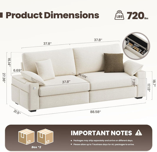 89" Loveseat Couch, 3 Seater Upholstered Midcentury Mondern Love Seat with USB Type C Ports, 4 Pillows and Storage Armrest Cloud Foam Sofa for Living Room/Small Spaces, Beige | Breathable Material