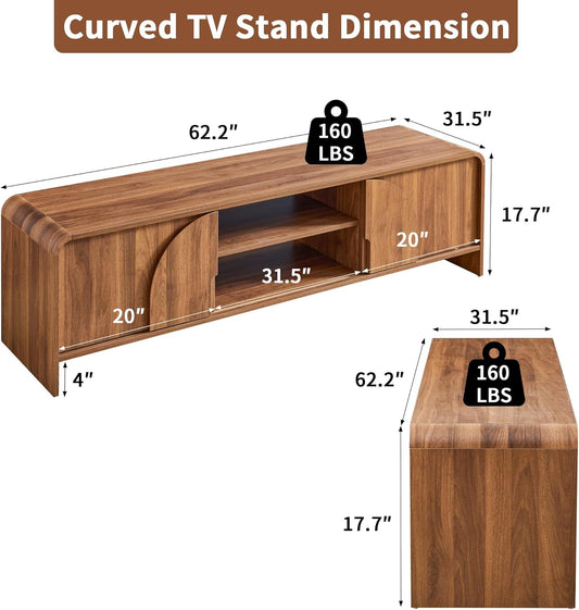 63'' TV Stand for up to 75" Tvs,Mcm TV Console Table with Big Arched Handle,Television Stands Entertainment Media Center with Sliding Door for Living Room Bedroom (Walnut)