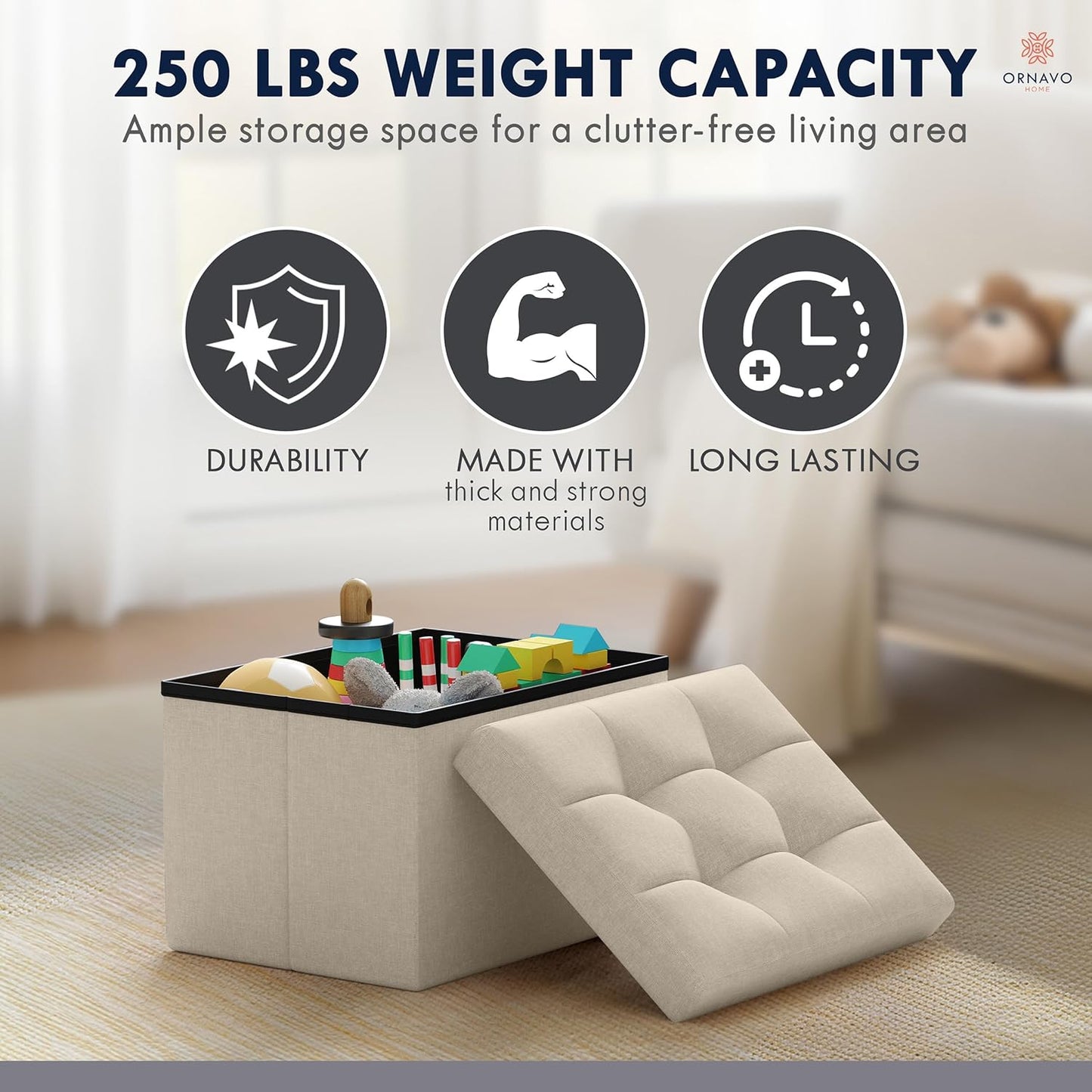 Small Storage Ottoman Foldable Collapsible Rectangle Linen Ottoman Foot Rest Stool Seat, for Living Room, Bedroom, Home Office, Dorm - 12 X 16 X 12, Beige