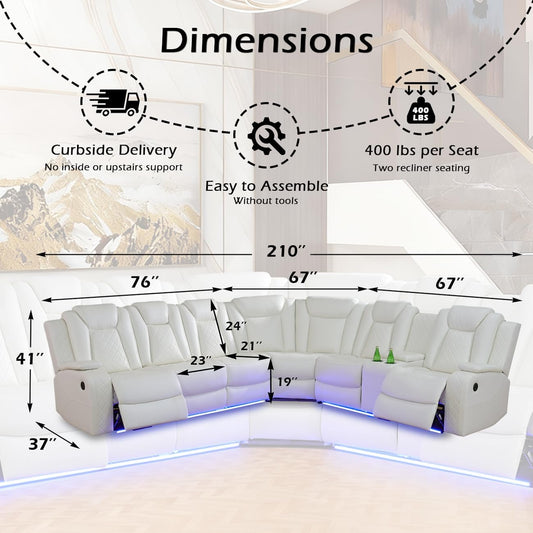 Power Recliner Sectional Sofa Set for Living Room Furniture Sets,Leather Reclining Sofa Set with LED Lights/Hidden Storage,L- Shaped Couch for Living Room/Home Theater(White,Sectional)