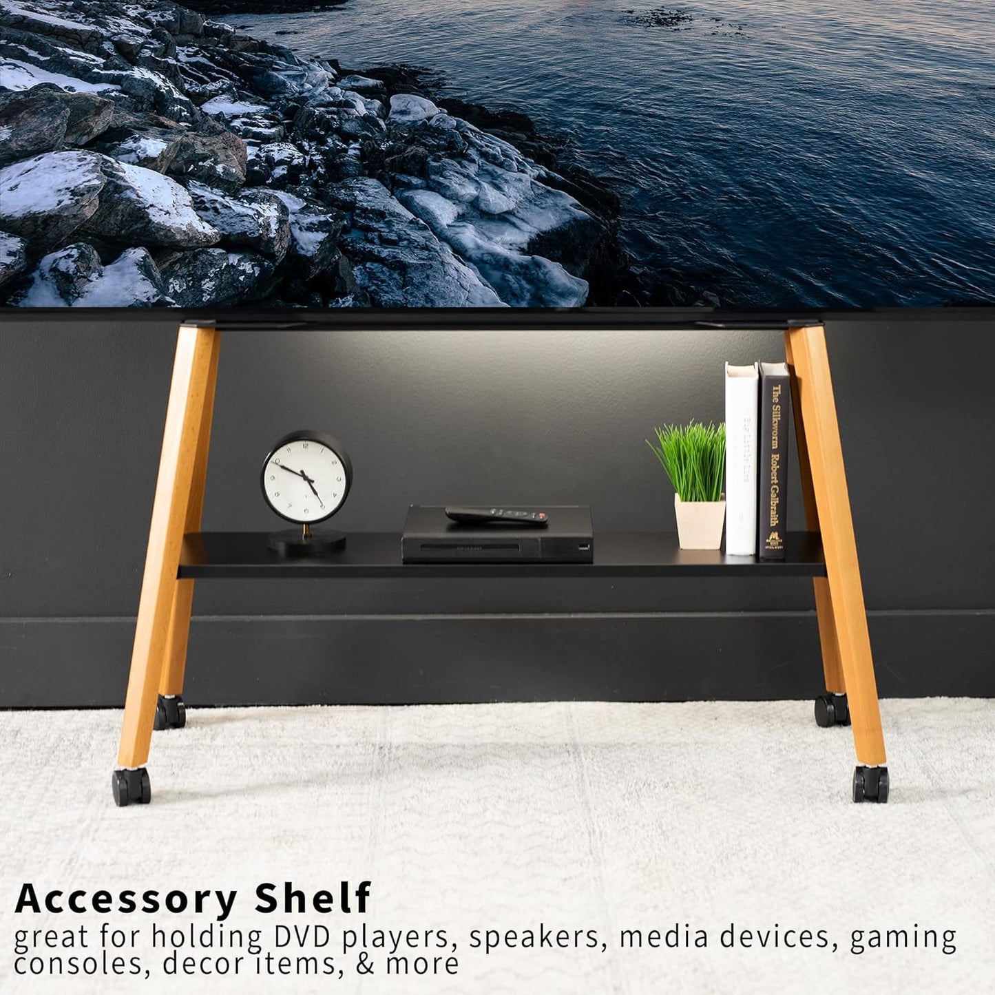 Rolling Artistic 43 to 75 Inch LED LCD Screen Mobile Studio TV Easel Stand, Wood Accessory Shelf, Adjustable TV Mount with 4 Walnut Legs, Black Frame, STAND-TV75R