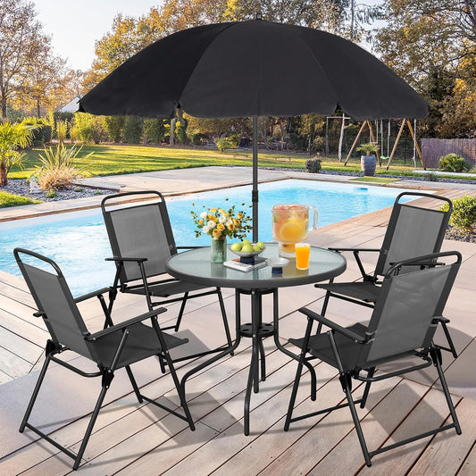 6 Piece Folding Patio Dining Set,Small Metal Outdoor Garden Patio Table and Chair Set W/Umbrella for Lawn,Deck,Backyard,Black