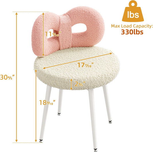 Swivel Vanity Chair with Back, Upholstered Desk Chair for Girls, Modern Makeup Vanity for Bedroom, Living Room (Pink and Off-White)