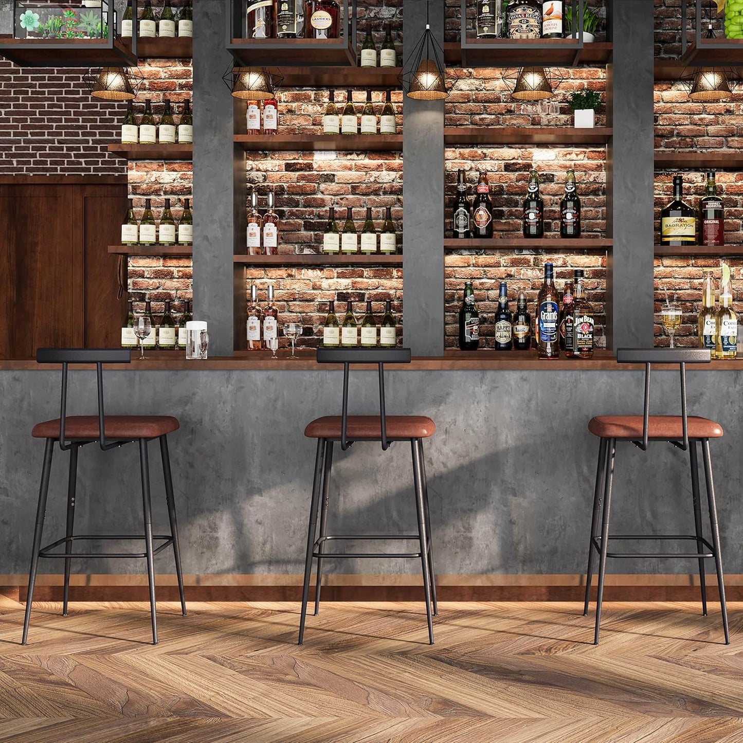 Bar Stools Set of 2, Tall Bar Stools with Backrest and Footrest, Counter Height Bar Chairs, Industrial Barstools with PU Leather Cushion, for Kitchen, Dining Room, Bar, Cafe (Rustic Brown)Kbs515R