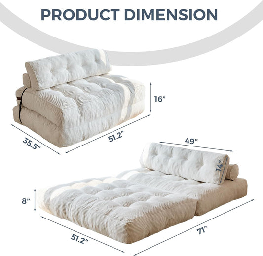 Folding Sofa Bed, Convertible Sleeper Chair with Pilow Foldable Matress with Back Support, Portable Fold Out Chair Bed Comfy Floor Sofa Lounge for Living Room Bedroom, Beige, Double