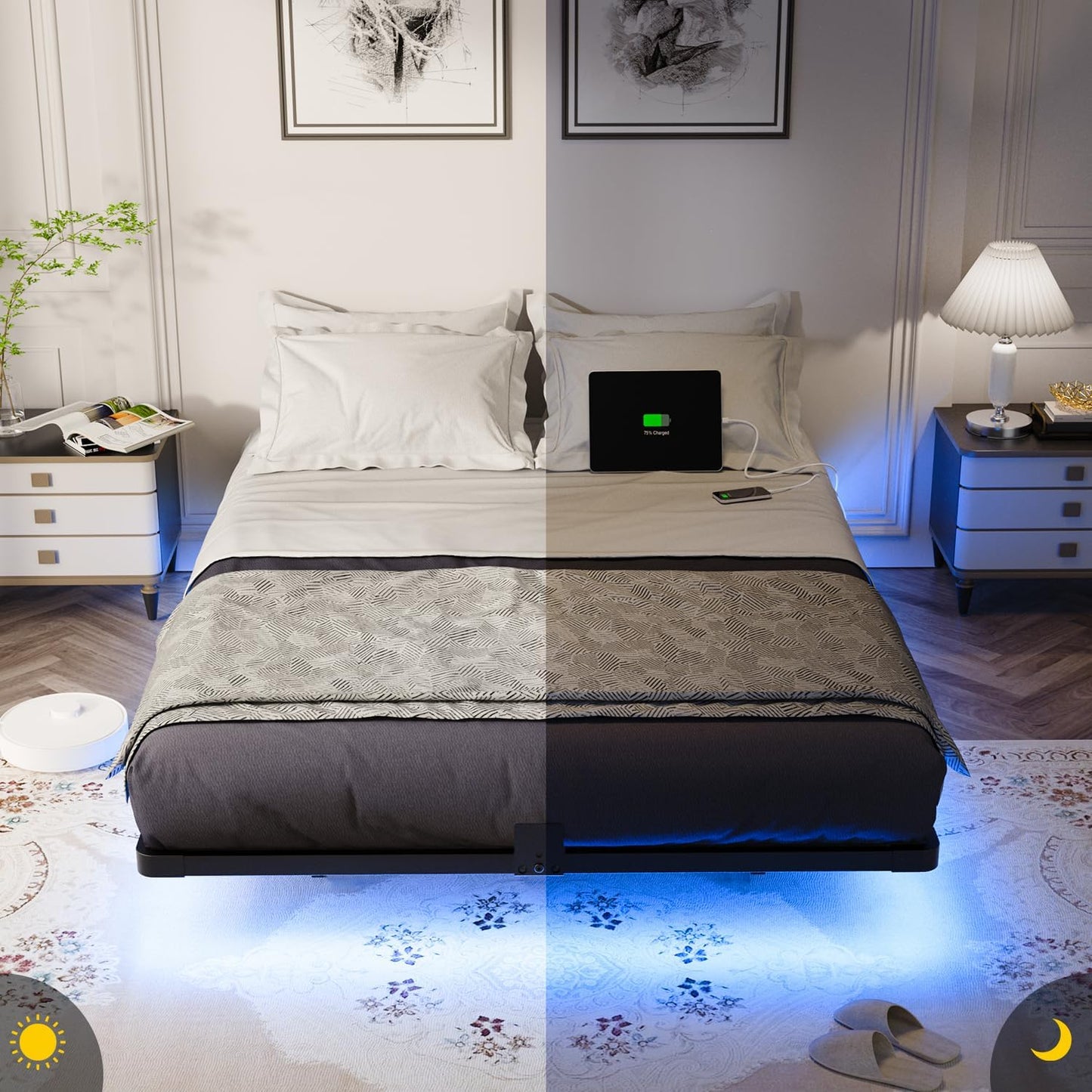 Floating Bed Frame Full Size with Smart LED Lights and Charging Station - Modern Metal Platform Bed, Easy Assembly No Box Spring Needed
