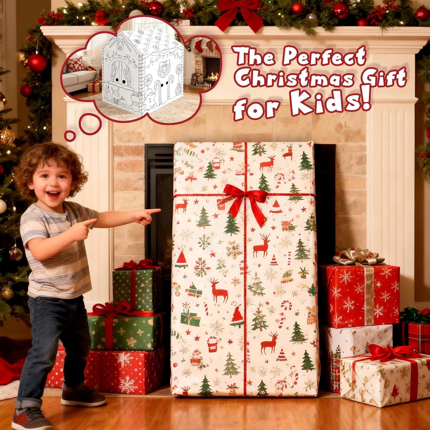 Gingerbread Cardboard House to Color for Kids Toddlers, Large Gingerbread Cardboard Coloring House Playhouse Christmas Arts & Crafts Activity Indoor Fun, 40" X 32" X 26"