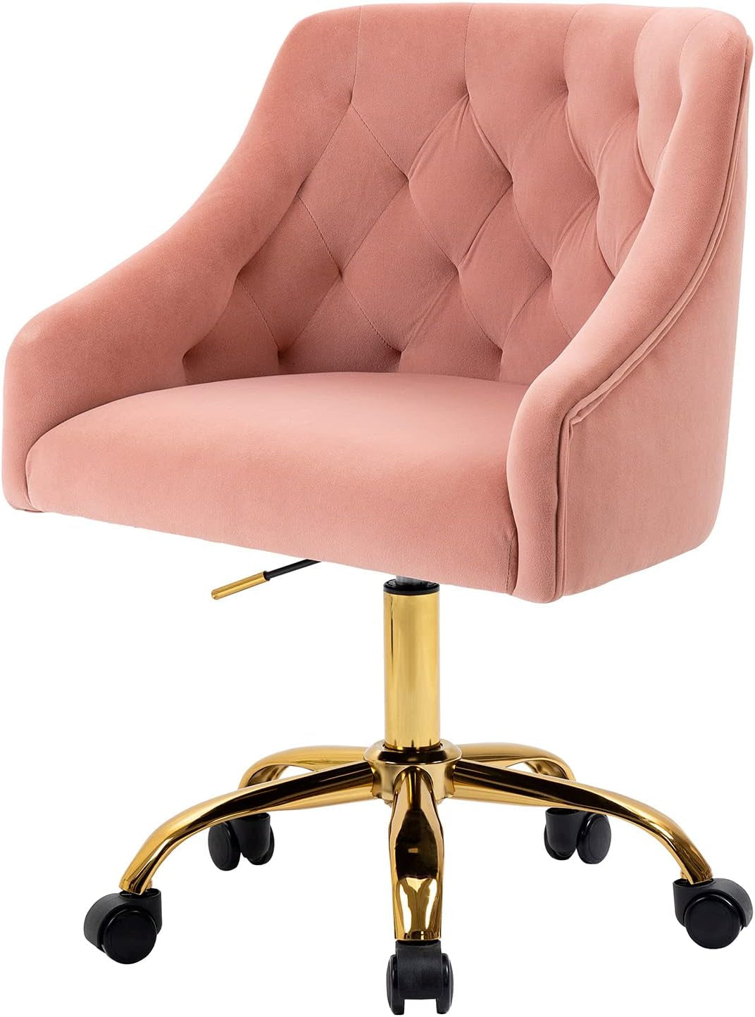 Velvet Home Office Desk Chair, Vanity Chair with Wheels Pretty Fancy Gold 360°Swivel Height Adjustable Office Chairs for Girls Home Offices, Bedrooms, Living Room (Pink)