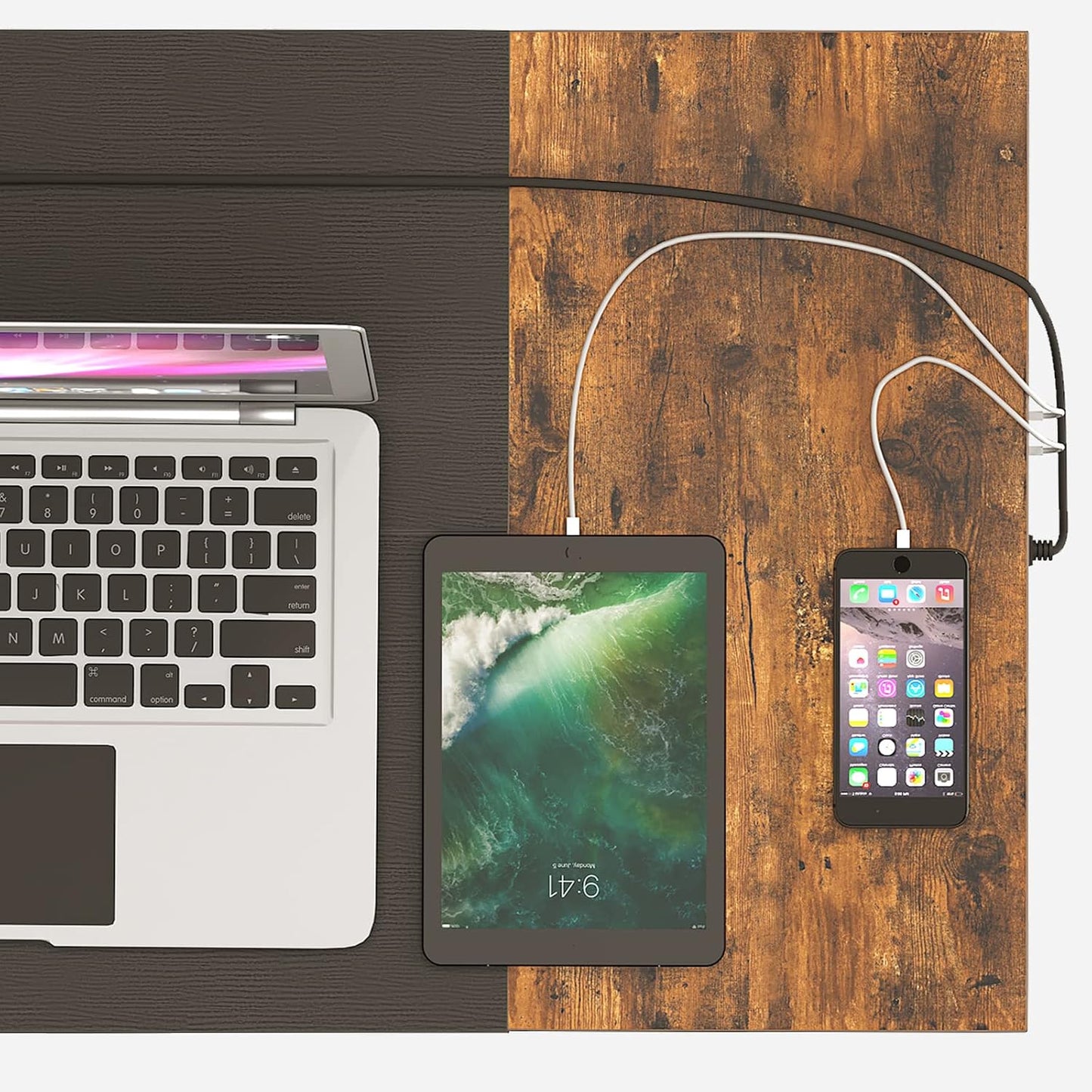 Computer Desk, Home Office Desk with Power Outlet, Modern Study Writing Desk with 3 Hooks for Study Room, Home Office, Sturdy and Stable, Easy to Assemble, Rustic Brown and Black BF40UDN01