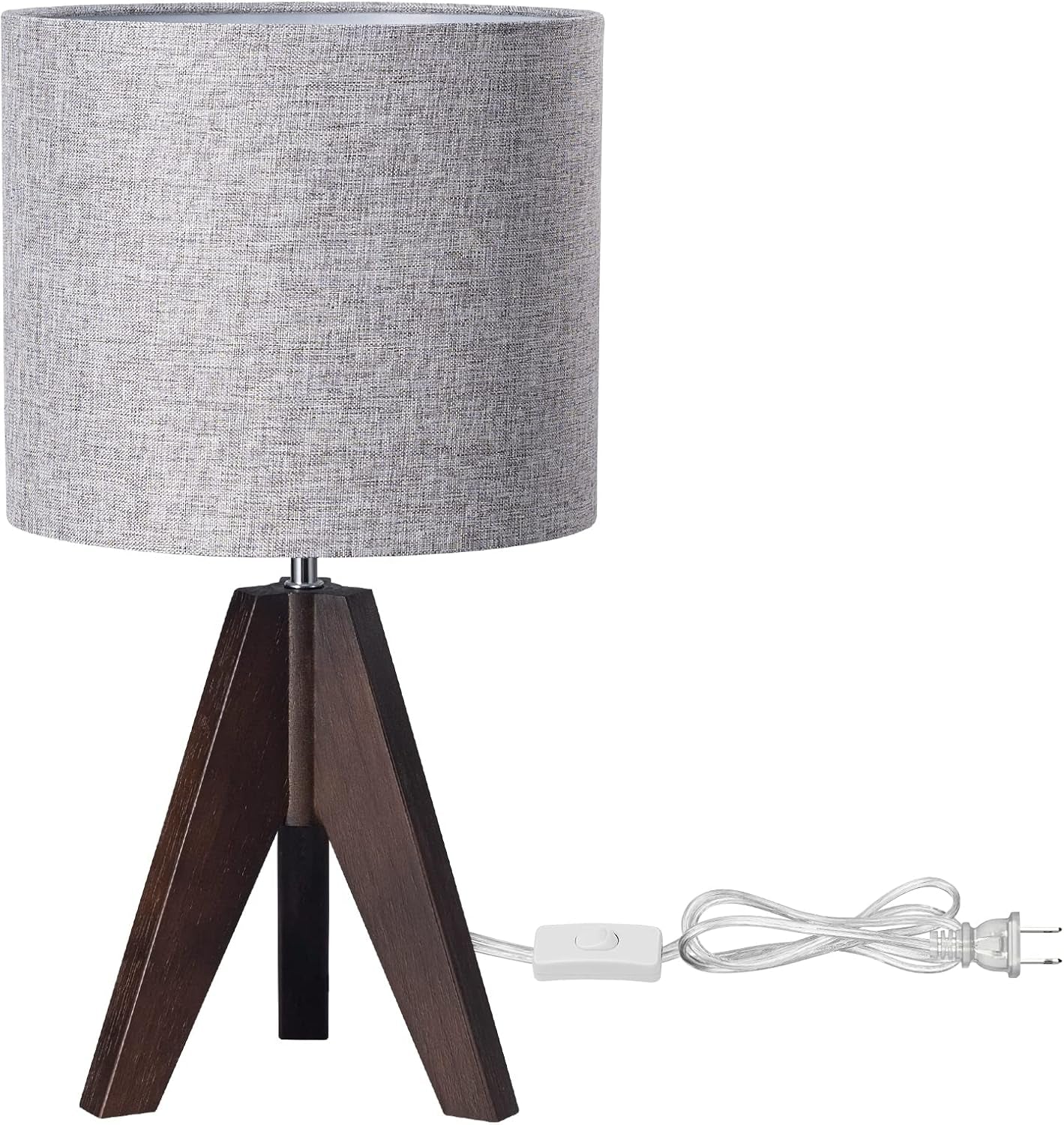 Boho Small Table Lamp, Walnut Color Wooden Tripod Bedside Lamp, Farmhouse Nightstand Lamp for Nursery, Bedroom, Office, Kid Room, Living Room, Grey Linen Lampshade, E26 Socket, 14.2 Inch