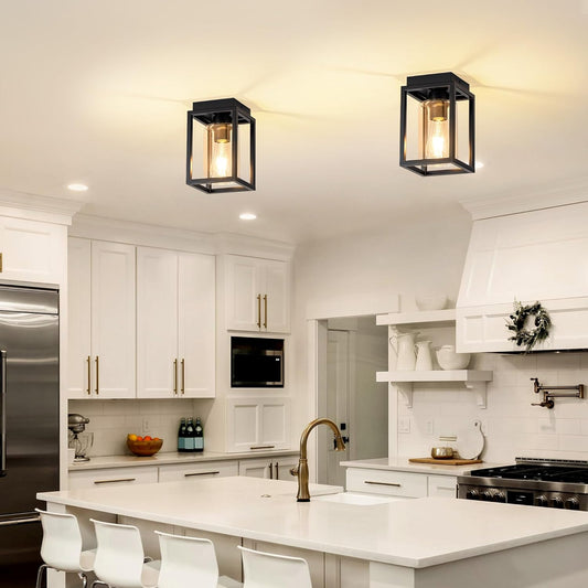 Flush Mount Ceiling Light Fixture with Clear Glass Shade, Farmhouse Black Metal Frame Light Fixture for Kitchen Island Entryway Porch Foyer Dining Room, E26 Ceramic Base