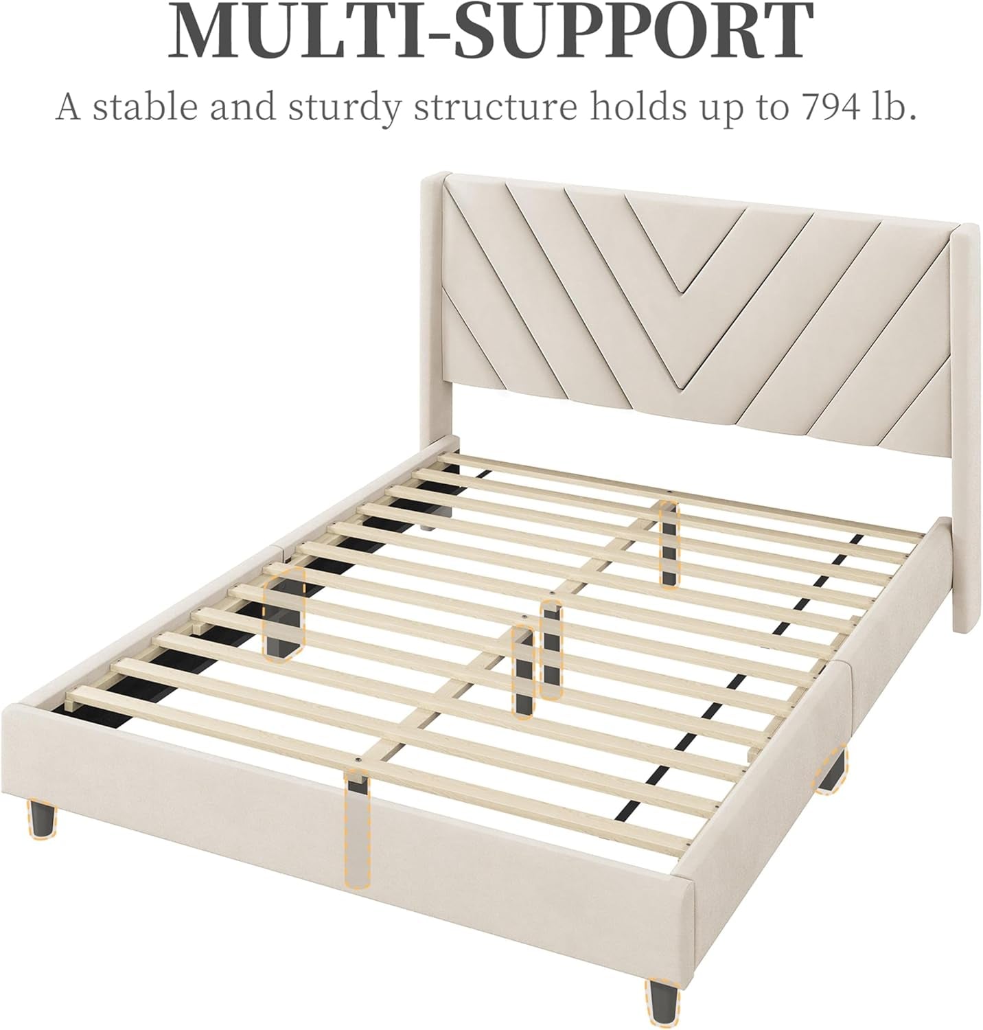 Queen Bed Frame Upholstered Platform Bed with Wing Side/Wooden Slat Support/Tufted Headboard with Wing Side/Mattress Foundation/No Box Spring Needed,Beige Queen Bed