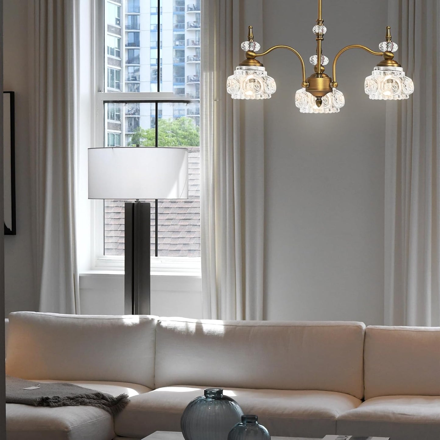 Vintage Brass Pendant Light,Gold Vintage Chandelier Light Fixture 3 Lights,Include 4 Light Bulbs Glass Pendant Light Crystal Hanging Light