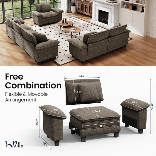 Cloud Modular Couches Sets, 3 Pieces Large Sectional Sofa Set with Loveseats & Single Sofa, 6-Seater Upholstered Couch for Living Room, Chenille Fabric, Smoky Grey