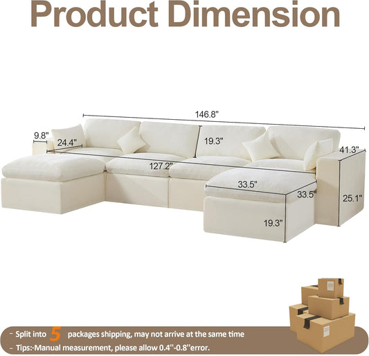 155''Cloud Boneless Sectional Couch, Modular Sectional Sofa Deep Seat with 2 Ottomans, Oversized Upholstered Convertible Comfy 6 Seater Chenille Sofa U Shape Couches for Living Room, Beige