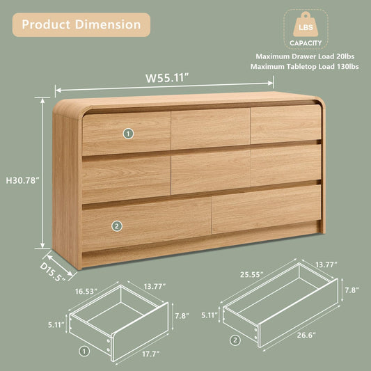 Modern 8 Drawers Dresser for Bedroom, 55" Wide Dressers & Chest of Drawers W/Curved Profile Design, Wood Mid Century Storage Dressers Organizer for Bedroom, Living Room, Natural Oak