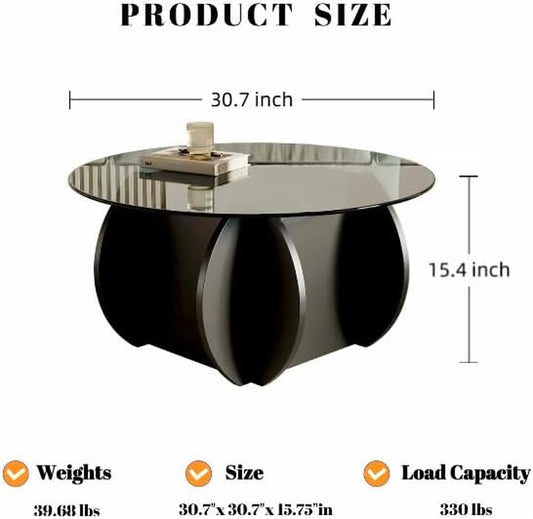 round Glass Coffee Table, 30.7" Small Coffee Table with Tempered Glass Top and Wood Grain Base, Modern Circle Coffee Table for Living Room, Easy Assembly, Black