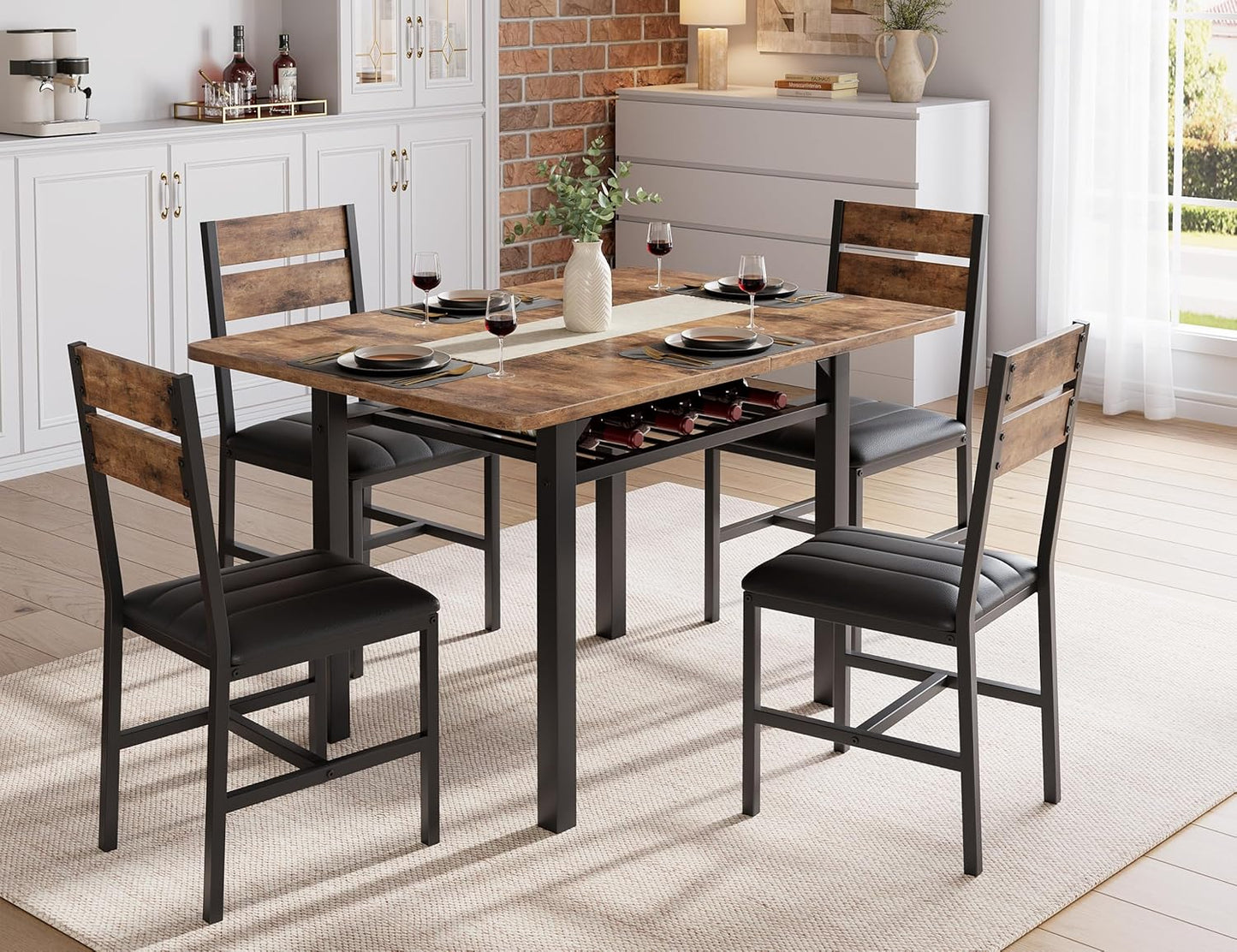 Dining Table Set for 4, Extendable Kitchen Table with 4 PU Leather Upholstered Dining Room Chairs, Wood Kitchen Table Set with Built-In Storage Rack for Dining & Small Spaces, Rustic Brown