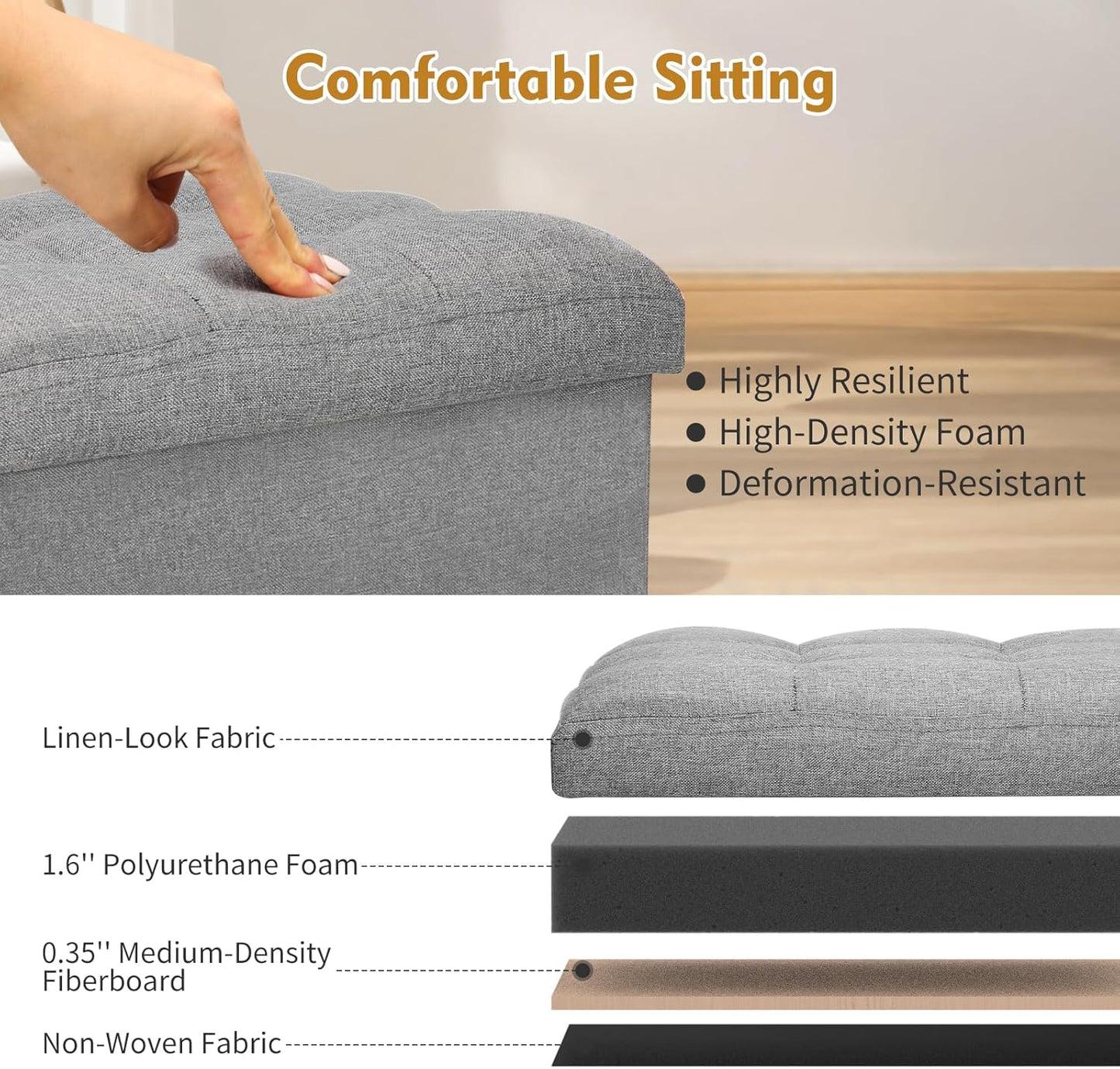 Storage Ottoman with Extra Thick Foam Padded Seat, Foldable Foot Rest Stool with Linen Fabric, 43L Ottoman with Storage Bench for Bedroom Living Room, Holds up to 300Lbs, 17X13X13In, Dark Gray