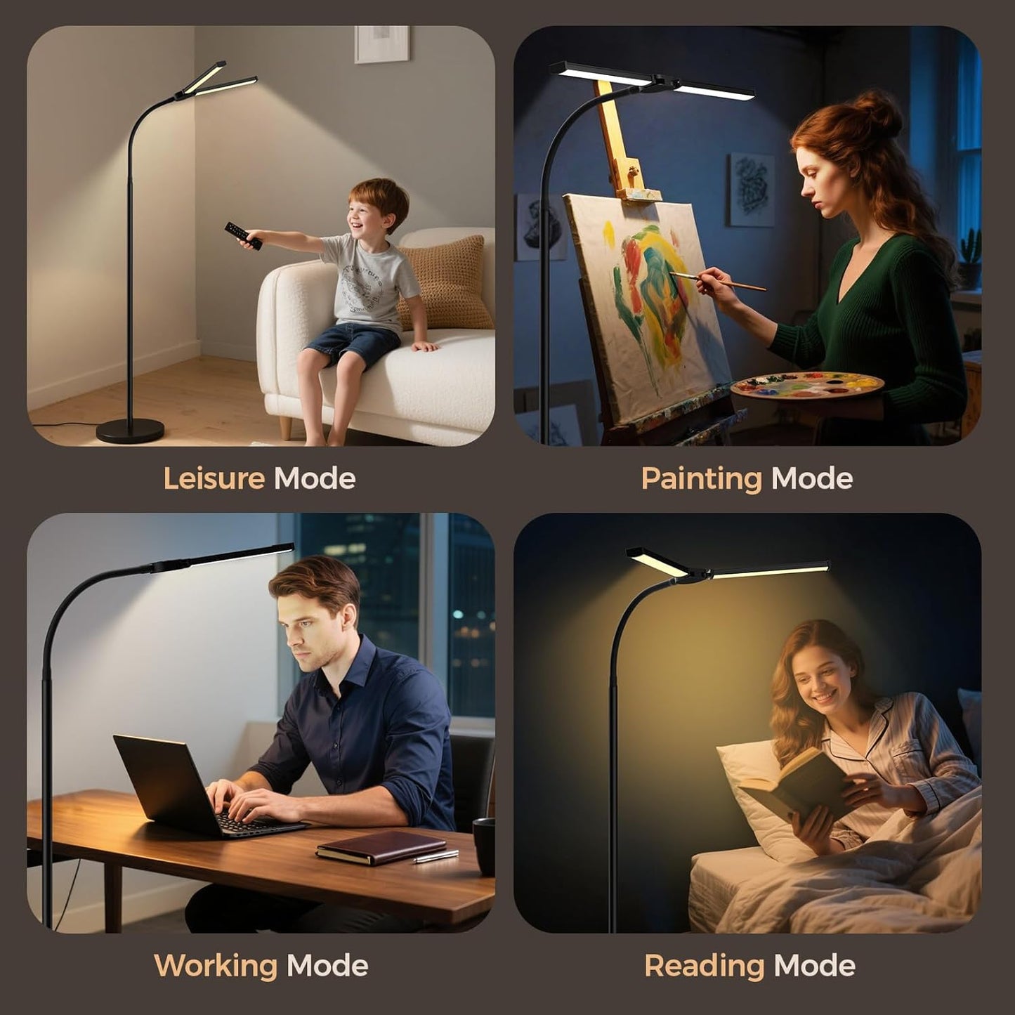 LED Floor Lamp for Living Room, Bright Reading Lamps for Office, Adjustable Colors Temperatures&Brightness, Dual Head Goose-Neck Standing Lamp, Remote and Button Control, Eye Caring Tall Lamp, Black