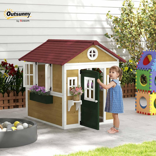 Outdoor Kids Playhouse, Wooden Playhouse with Doors, Windows, Planter Pots and Boxes for Toddlers 3-8 Years, Cottage Play House for Backyard, DIY Chicken Coop, Beige