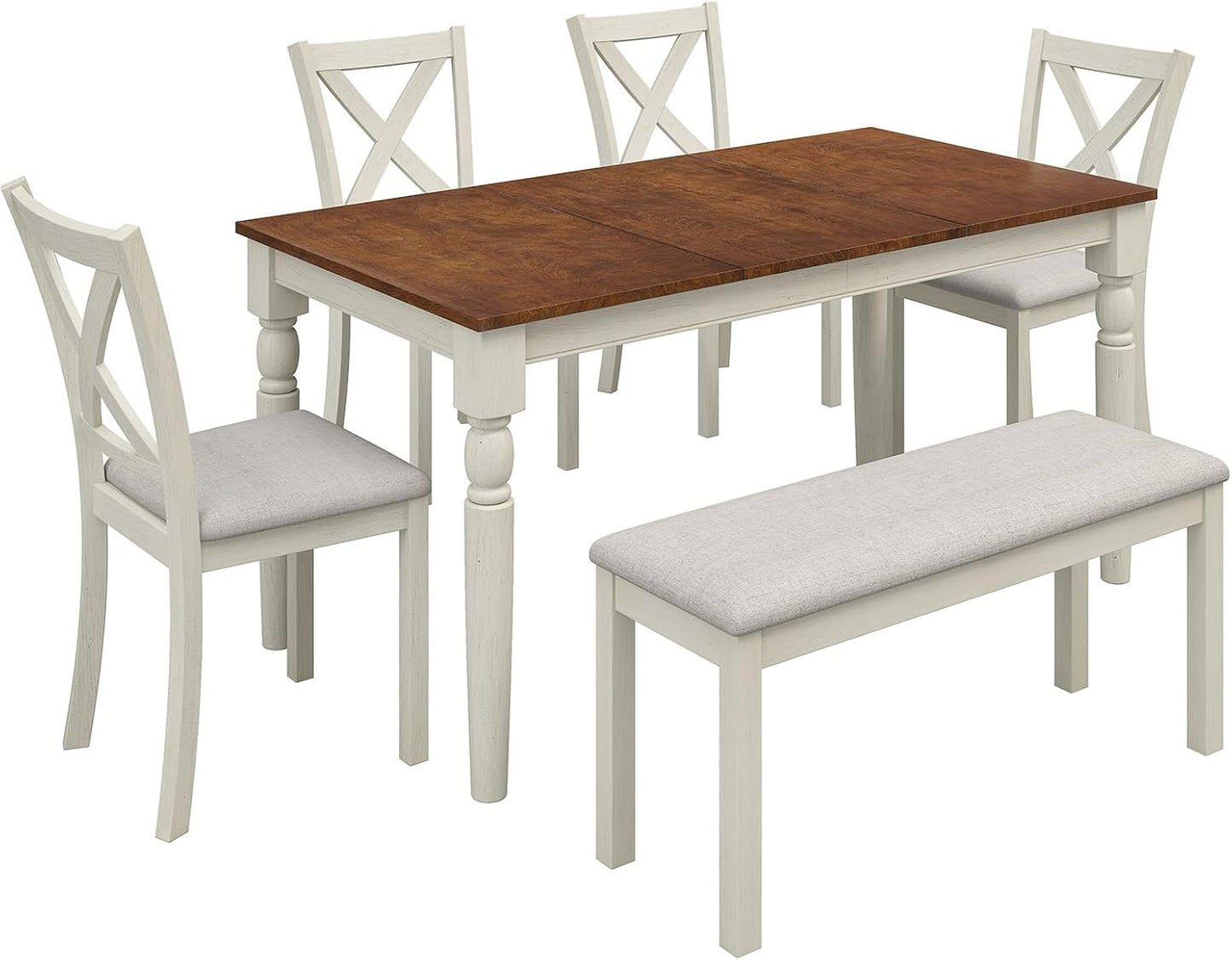 6-Piece Solid Wood Dining Table Set, Upholstered Chair W/Bench Seat, Seating for 6,60'' Farmhouse Wood Kitchen Chairs Set for Living Room, Dining Room, Kitchen, Cream White