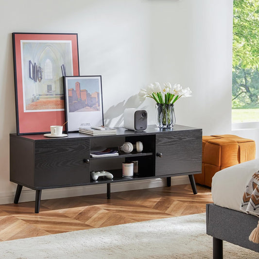 TV Stand for 55 60 Inch TV, Modern Mid Century Entertainment Center with Storage, Media Console Table 2 Cabinet, Soft Hinge, Handle Door, Wooden Living Room, Office Furniture, Black