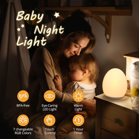 Night Light for Kids, Baby Night Light with 7 Colors Changing Mode & Stepless Dimming, Nursery Night Light BPA Free,Rechargeable Egg Night Light for Breastfeeding 1H Timer & Touch Control
