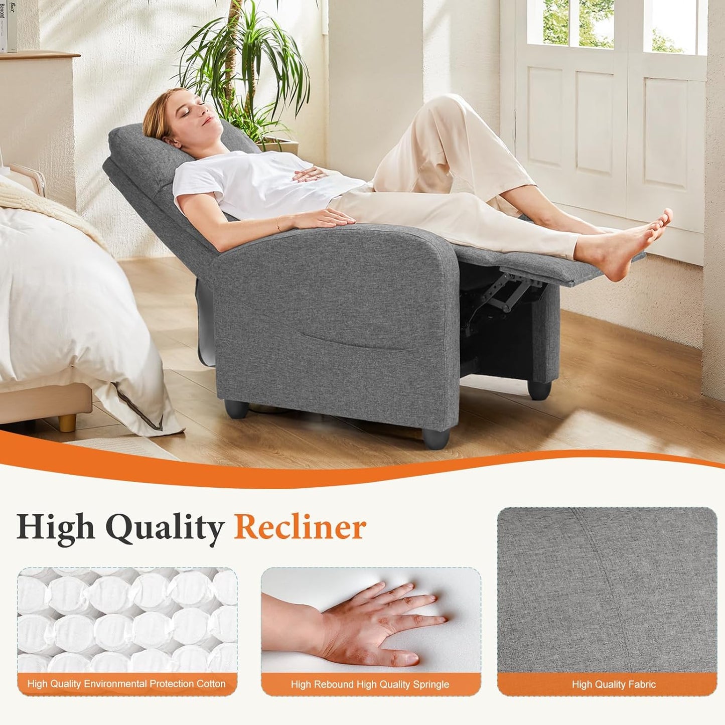 Recliner Chair Fabric Recliner Sofa No Massage, Home Theater Seating with Lumbar Support, Adjustable Push Back Overstuffed High-Density Sponge Reclining for Living Room, Slate Gray