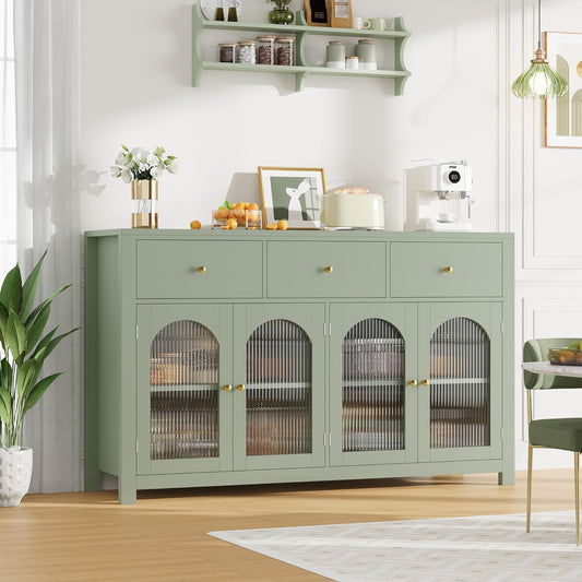 Buffet Cabinet with Storage, 55.1" Large Sideboard Buffet, Farmhouse Kitchen Cabinet with 3 Drawers and 4 Doors, Wood Coffee Bar Table for Kitchen, Green