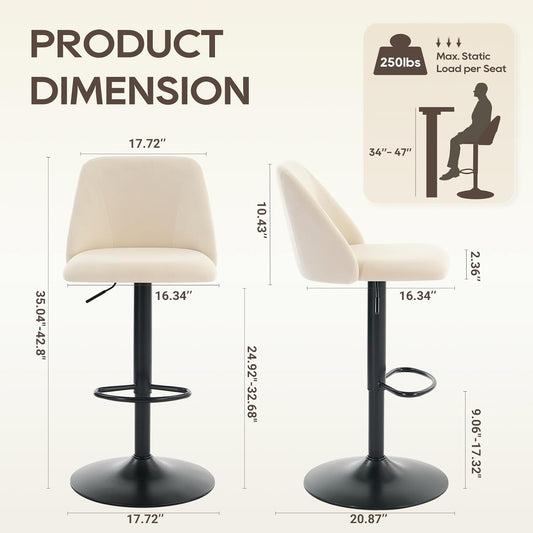 Bar Stools Set of 2, Modern Swivel Bar Chairs, Adjustable Upholstered Barstools Counter Height with Full Backrest for Bar, Dining Room, Kitchen Island, Beige
