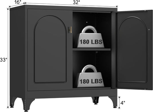 Kitchen Buffet with Storage, Metal Buffet Table with Doors and Adjustable Shelves, 33" Tall Kitchen Sideboard, Modern Coffee Bar Console Cabinet for Living, Dining Room,Black, Assemble Required