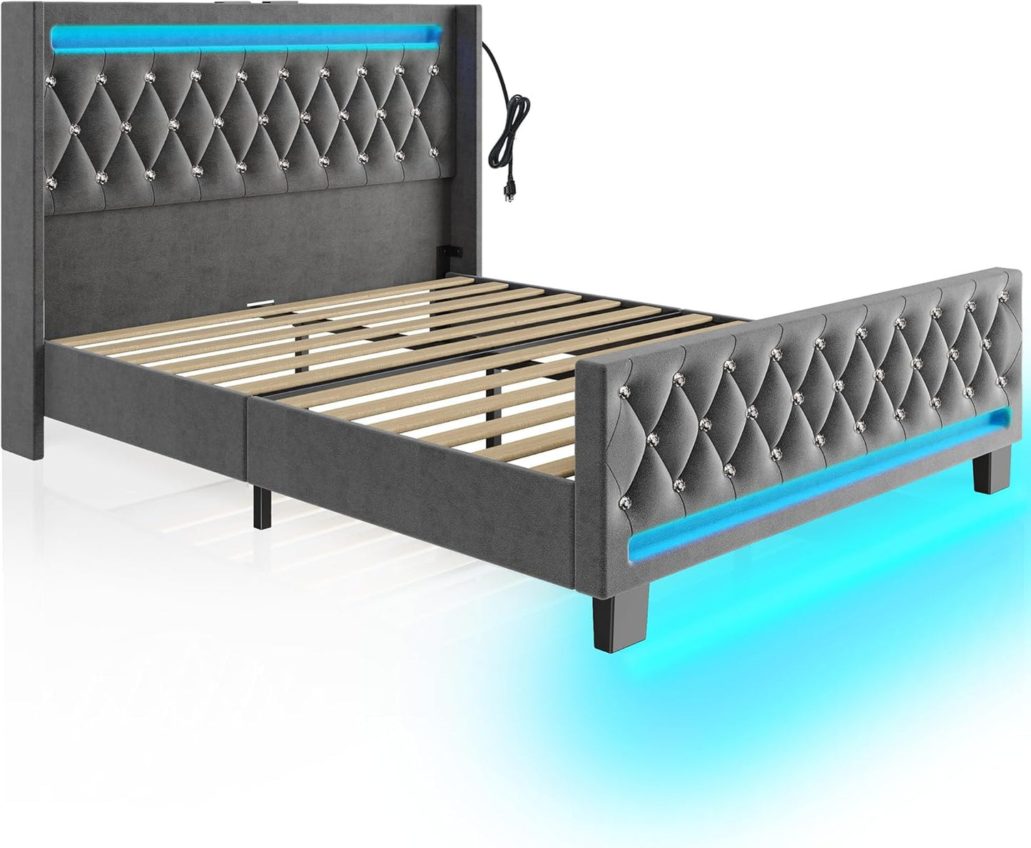 Queen Bed Frame with LED Light and Charging Station, Upholstered High Headboard and Footboard, Wood Slats, Noise Free, Easy Assembly, Grey