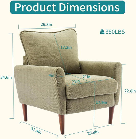 Comfy Accent Chair for Living Room Bedroom and Waiting Room, Upholstered Mid-Century Reading Chair with Pillow and Solid Wood Legs, Wide Singe Modern Lounge Sofa (Green)
