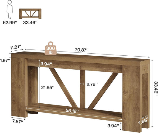 70.9" Extra Long Entryway Table, Farmhouse Wood Console Tables with Storage Shelf, Modern Rustic Sofa Foyer Tables for Entryway, behind Couch, Living Room, Entrance, Brown