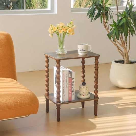 Side Table, Small End Table with Storage Shelf, 2-Tier Small Coffee Tables Living Room for Bedroom, Narrow Spaces (Rustic Brown)