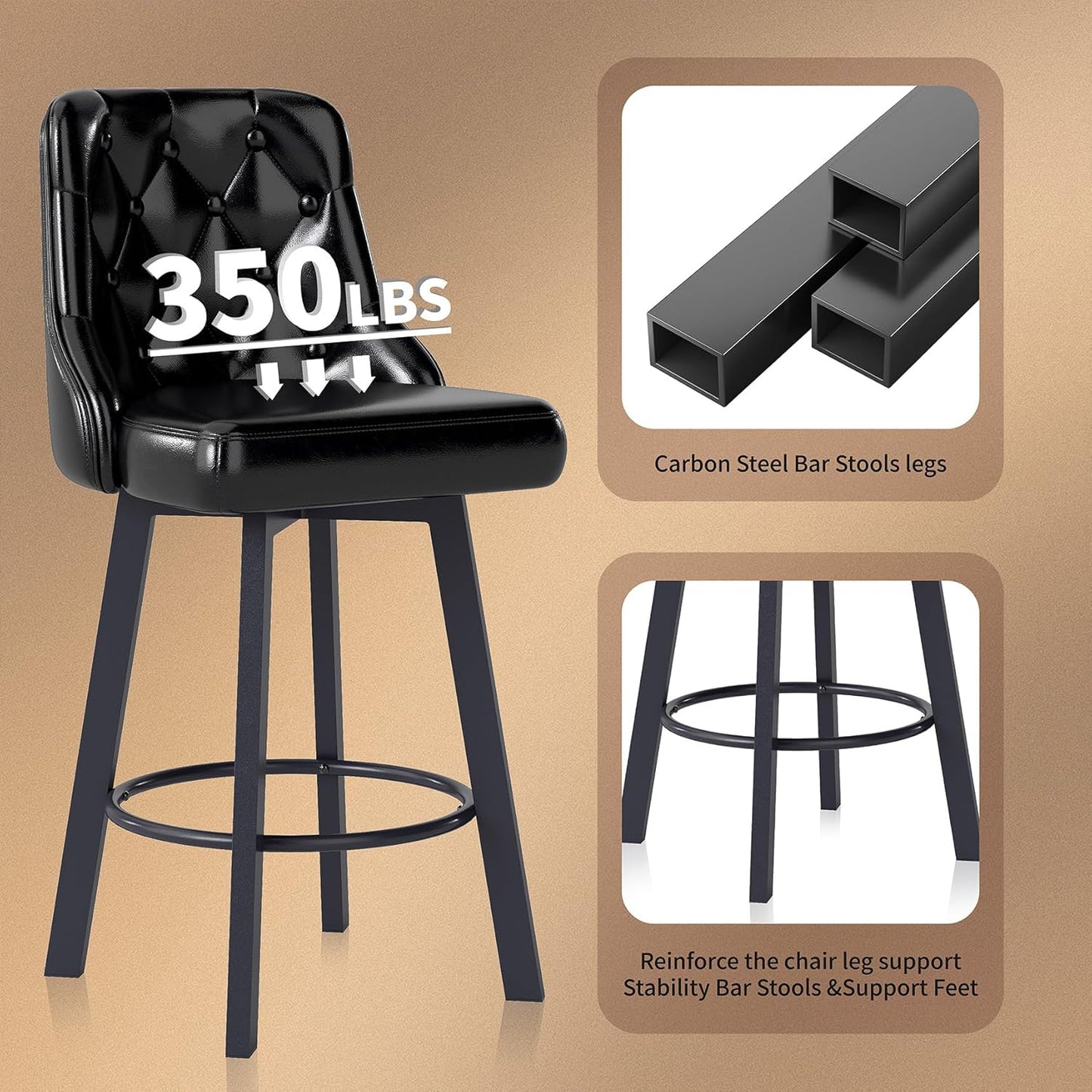 Swivel Barstools Set of 2, 26’’H Modern Counter Height Barstool with Metal Legs,Faux Leather Upholstered Bar Stools with Back for Kitchen Island, Dining Room, Pub - Black 2PACK