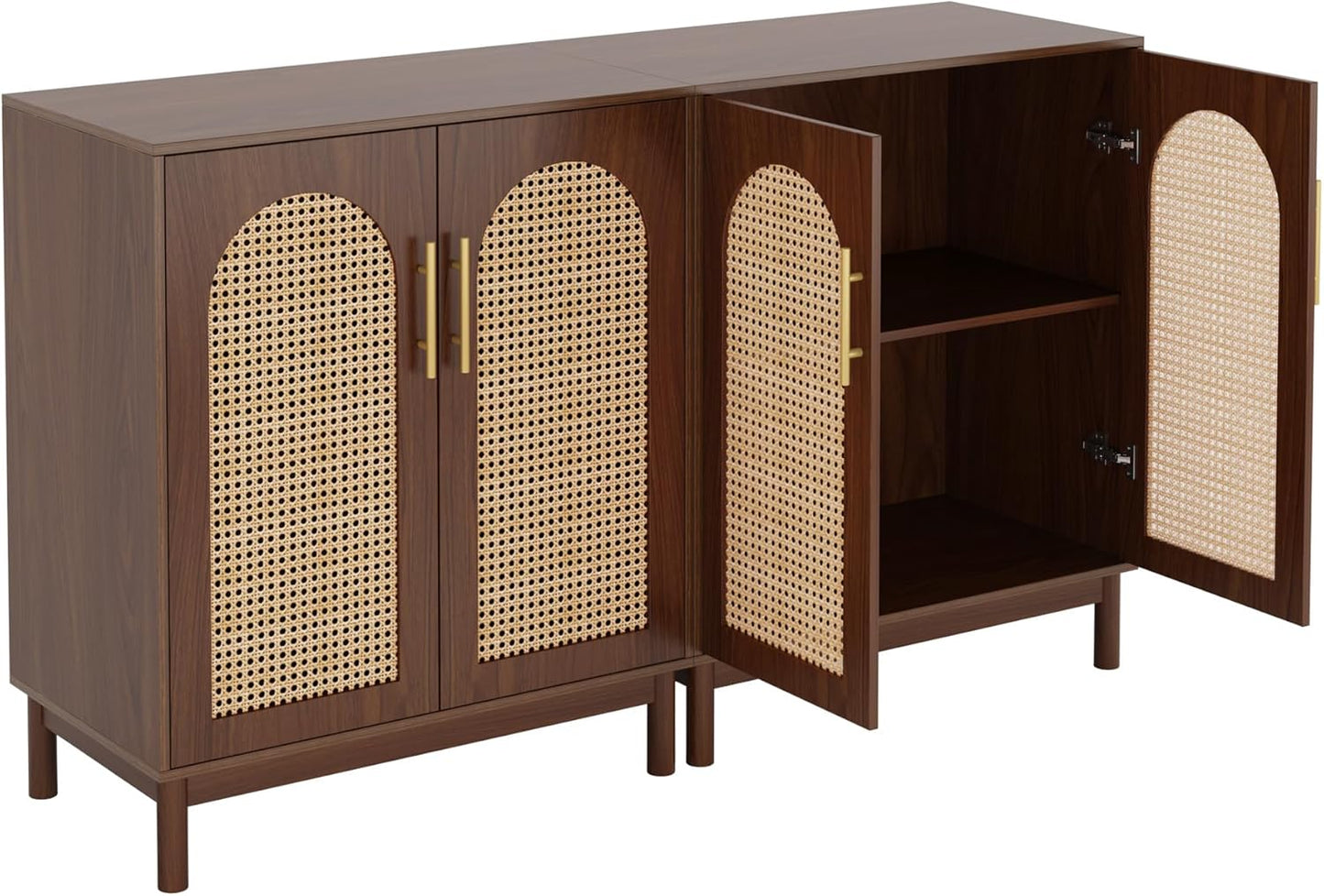 Set of 2 Rattan Sideboard Buffet Cabinet with Storage, 59 Inch Accent Cabinet for Dining Room, Living Room, Kitchen, Rattan and Dark Brown