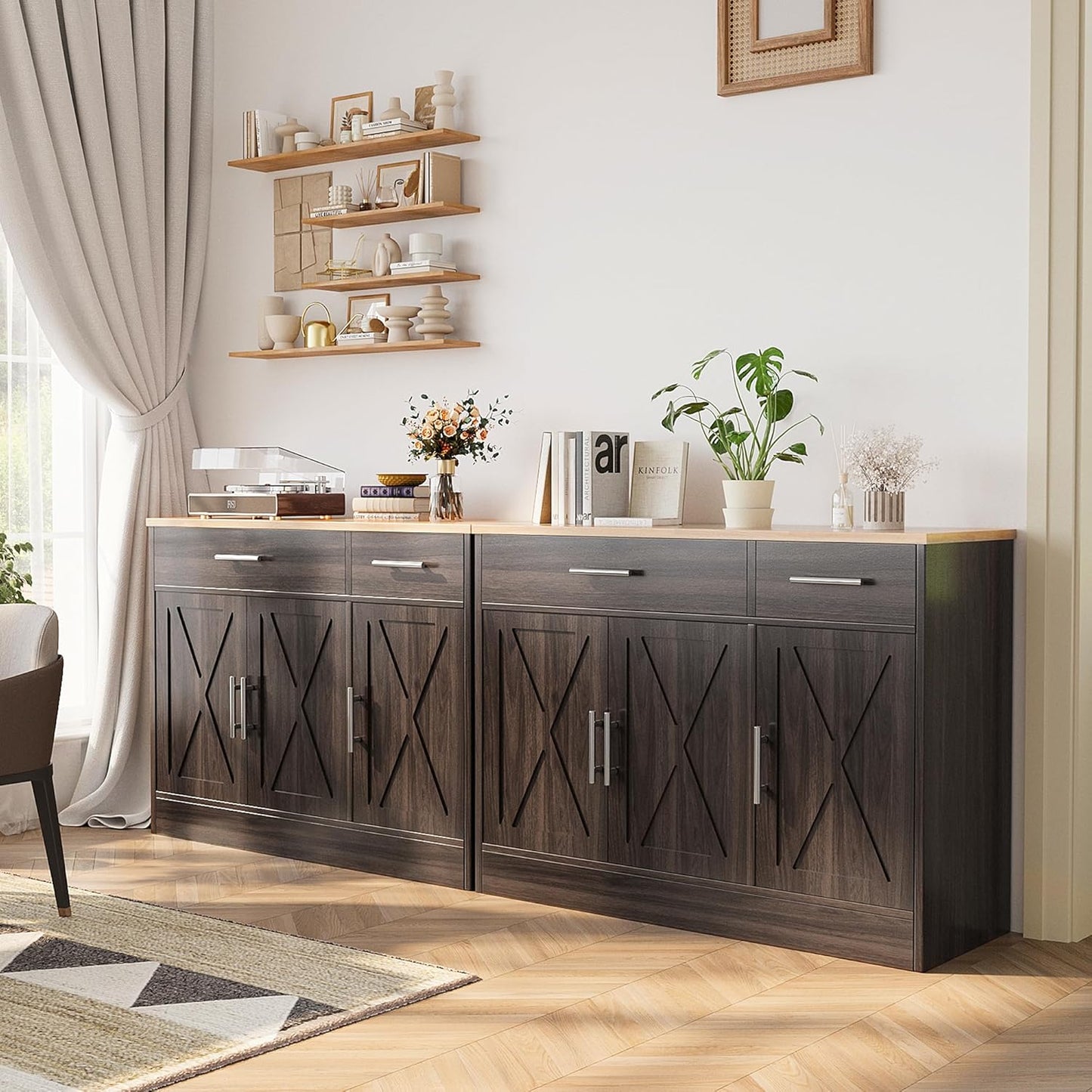 Modern Farmhouse Sideboard Buffet Cabinet,Barn Doors Buffet Cabinet with 2 Drawers & 3 Doors,Wood Coffee Bar Cabinet with Adjustable Shelf for Kitchen Living Room,Brown