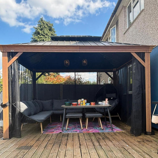 10' X 12' Outdoor Hardtop Gazebo for Patio Galvanized Steel Double Roof Permanent Canopy Teak Finish Coated Aluminum Frame Pavilion Gazebo with Netting