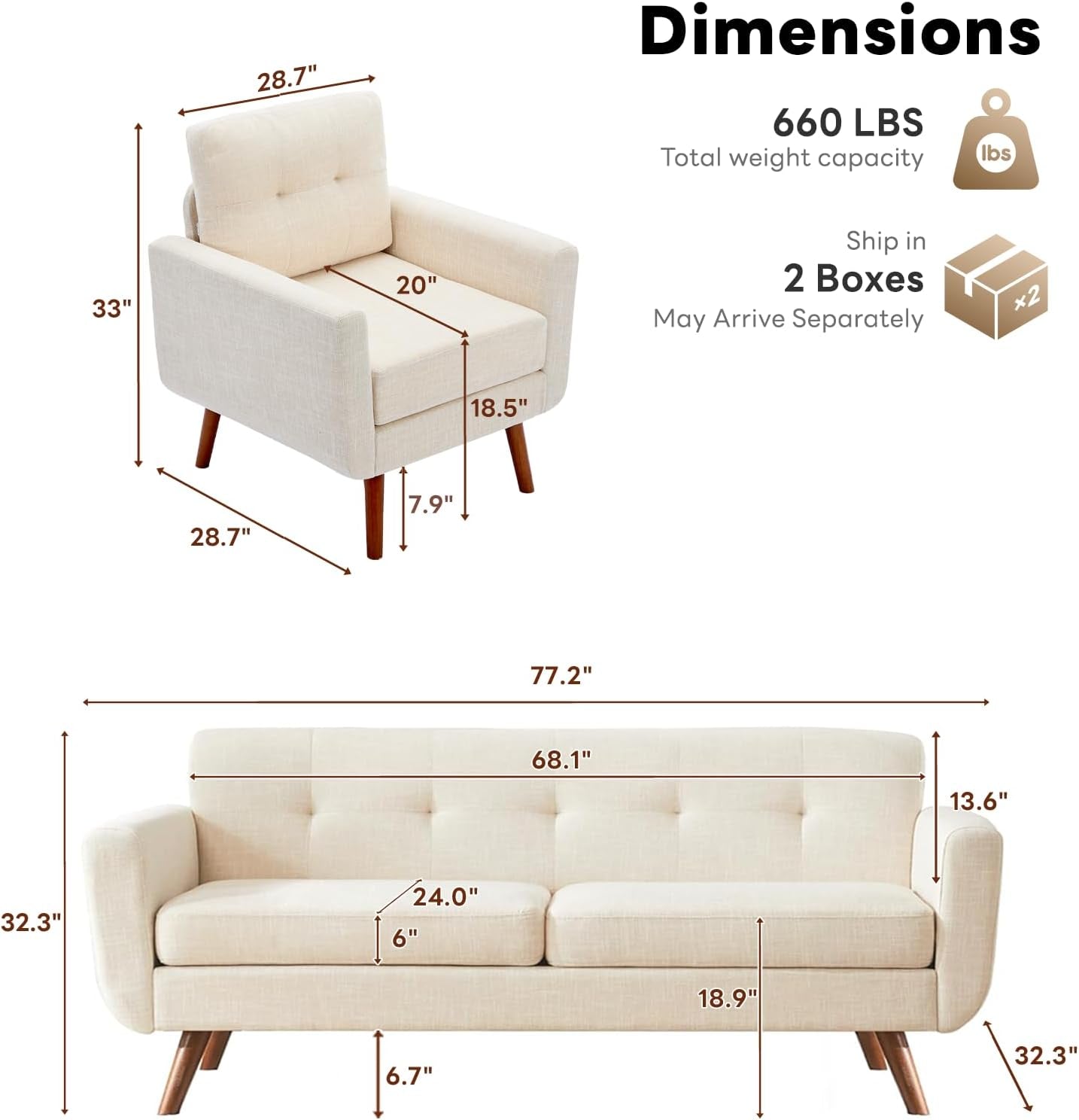 Mid Century Modern Sofa Couch, Beige, Standard Sofa & Accent Chair | Linen Fabric, Button Tufted, Solid Wood Foot, Pocket Spring, Wood Slats Frame