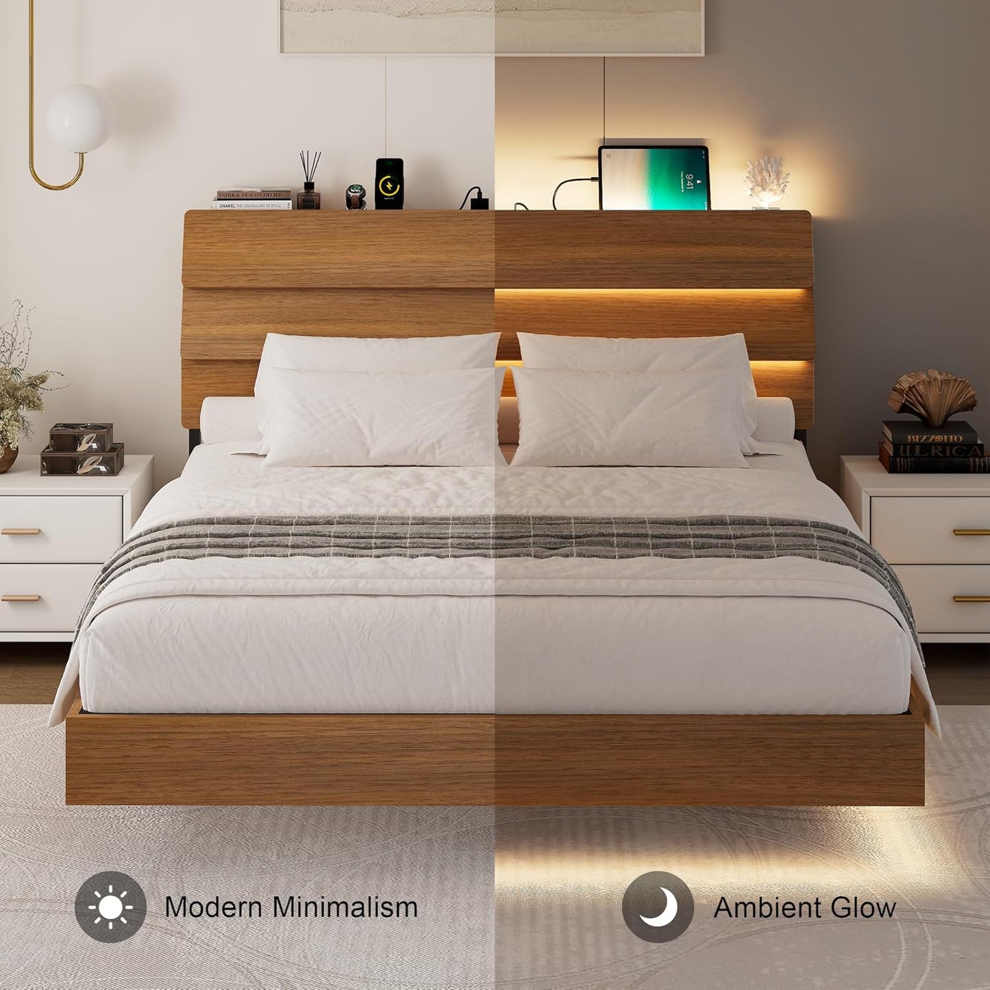 Floating Bed Frame Queen with Led Lights and Charging Station, Wood Full Size Bed Frame with Storage Headboard, Heavy Duty Metal Slats, No Box Spring Needed, Easy Assembly,Walnut
