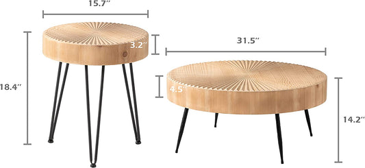 2-Piece Farmhouse Nesting Table round with Handcrafted Wood Radial Pattern, Modern Coffee Table Set for Living Room