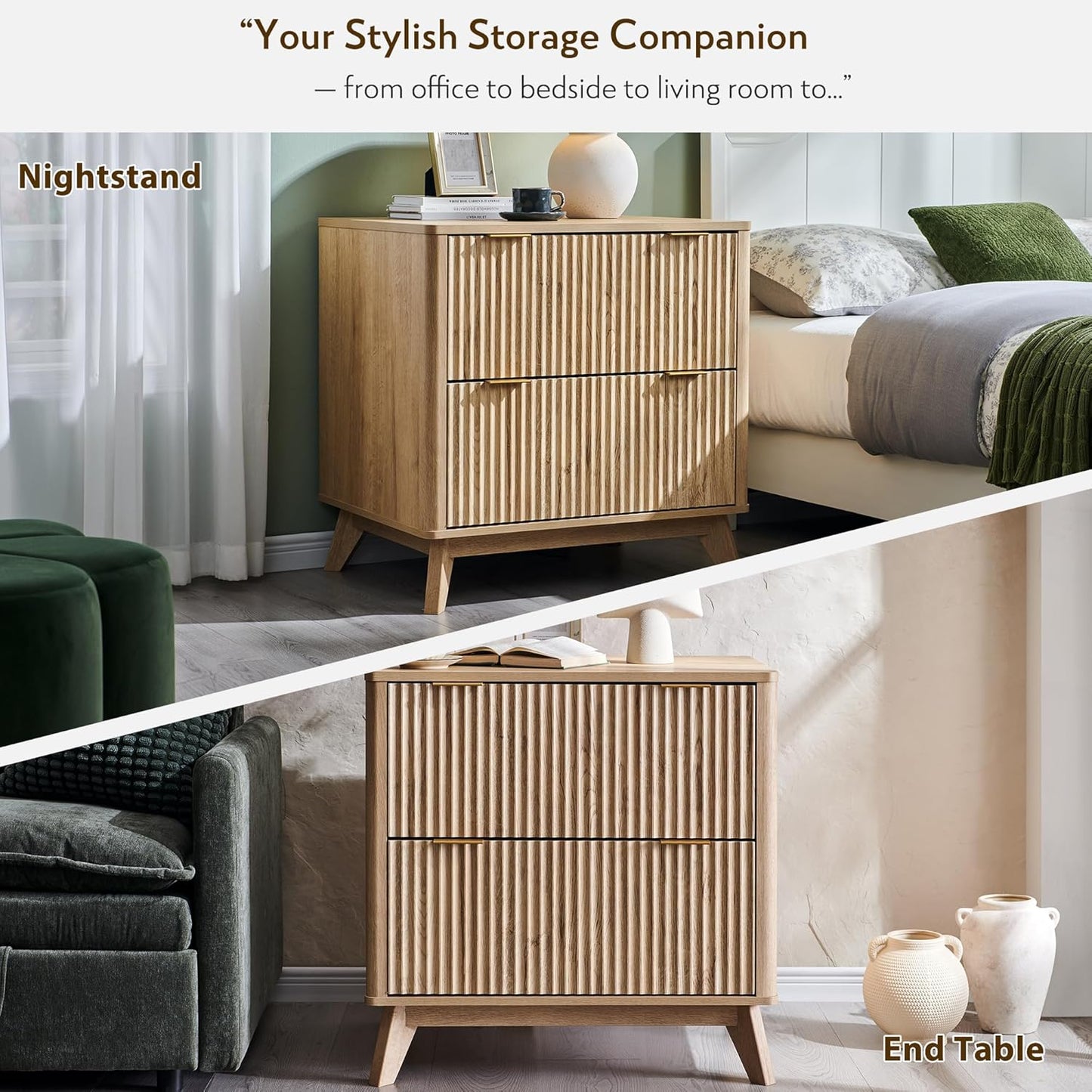 2 Drawer File Cabinet, 30" Fluted Lateral File Cabinet W/Files Hanging Rod for Letter/Legal/A4, Large Tabletop for Printer, Office Wood Printer Cabinets, Natrual Oak