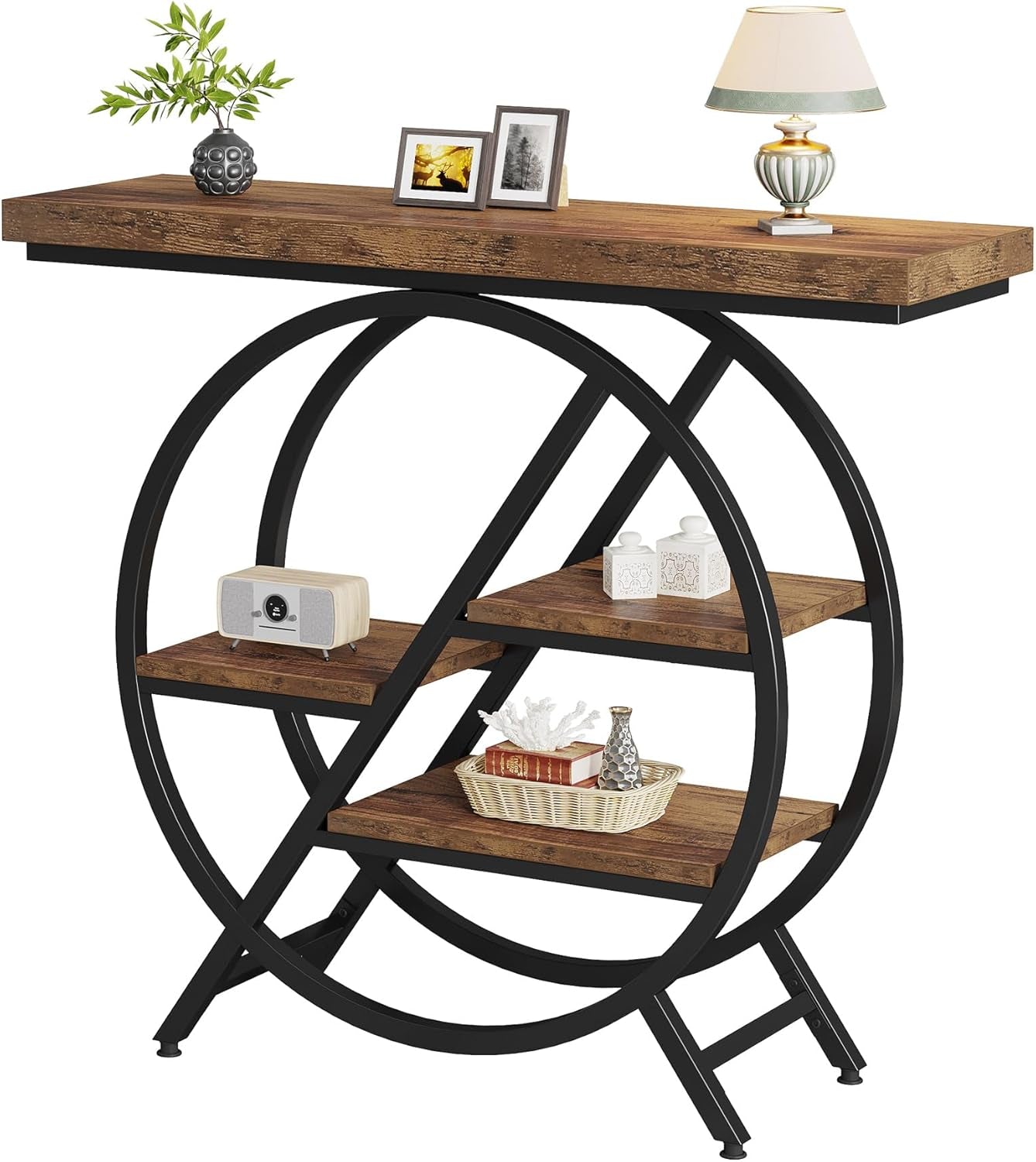 Console Table, 40-Inch Entryway Table with Storage Shelves, 4-Tier Industrial Hallway Sofa Table with Geometric Metal Frame, Accent Table for Living Room, Entryway, Rustic Brown