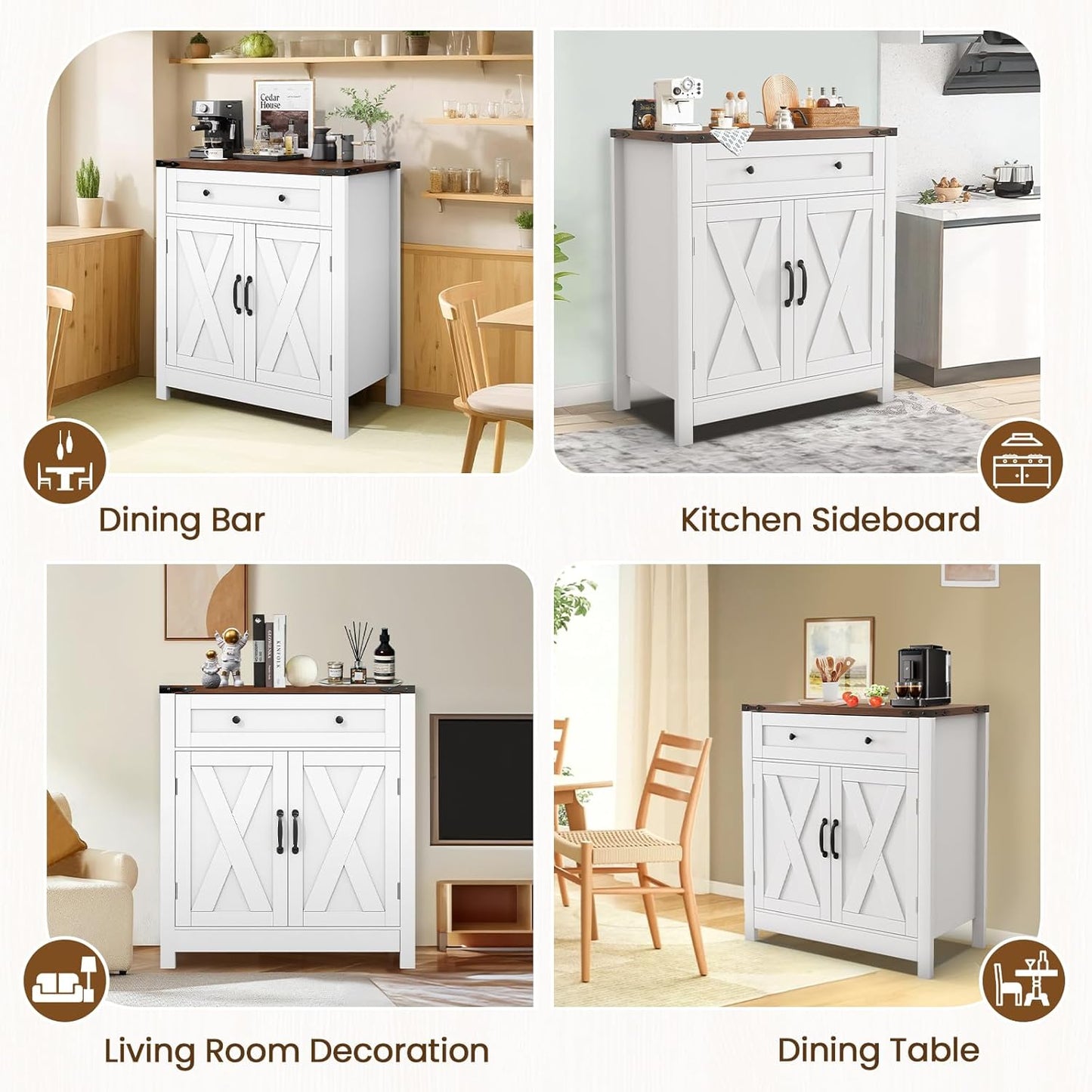 30" Coffee Bar Station, Kitchen Sideboard Buffet Cabinet with a Drawer and Adjustable Shelf, Modern Farmhouse Storage Cabinet for Kitchen, Living Room, Entryway, White