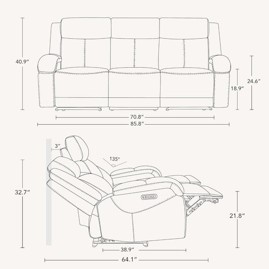 Genuine Leather Power Recliner Sofa, 3 Seater Wall Hugger Reclining Sofas with Power Headrest, USB & Typec Ports, Electric Recliner Couch Set for Living Room, Cream