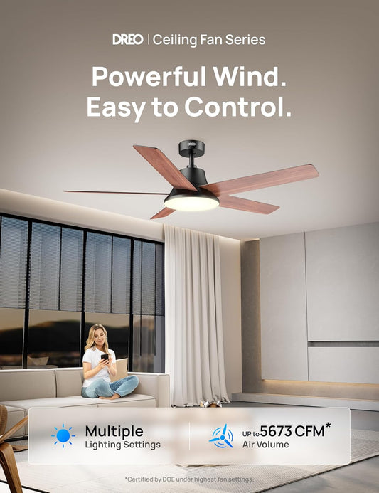 Ceiling Fans with Lights, 52 Inch, 6 Speeds, 5 Color Tones Dimmable LED, Quiet Reversible DC Motor, Remote, 8H Timer, Black Ceiling Fan for Bedroom, Living Room, Easy to Install