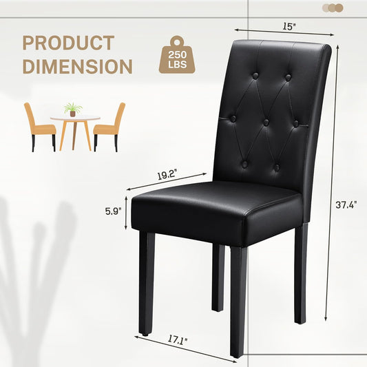 Upholstered Dining Chairs Set of 2, PU Leather Dinning Room Chairs, Button Tufted Kitchen Chairs with Adjustable Wood Legs for Dining Room/Living Room/Restaurant (Leather Black, 2)